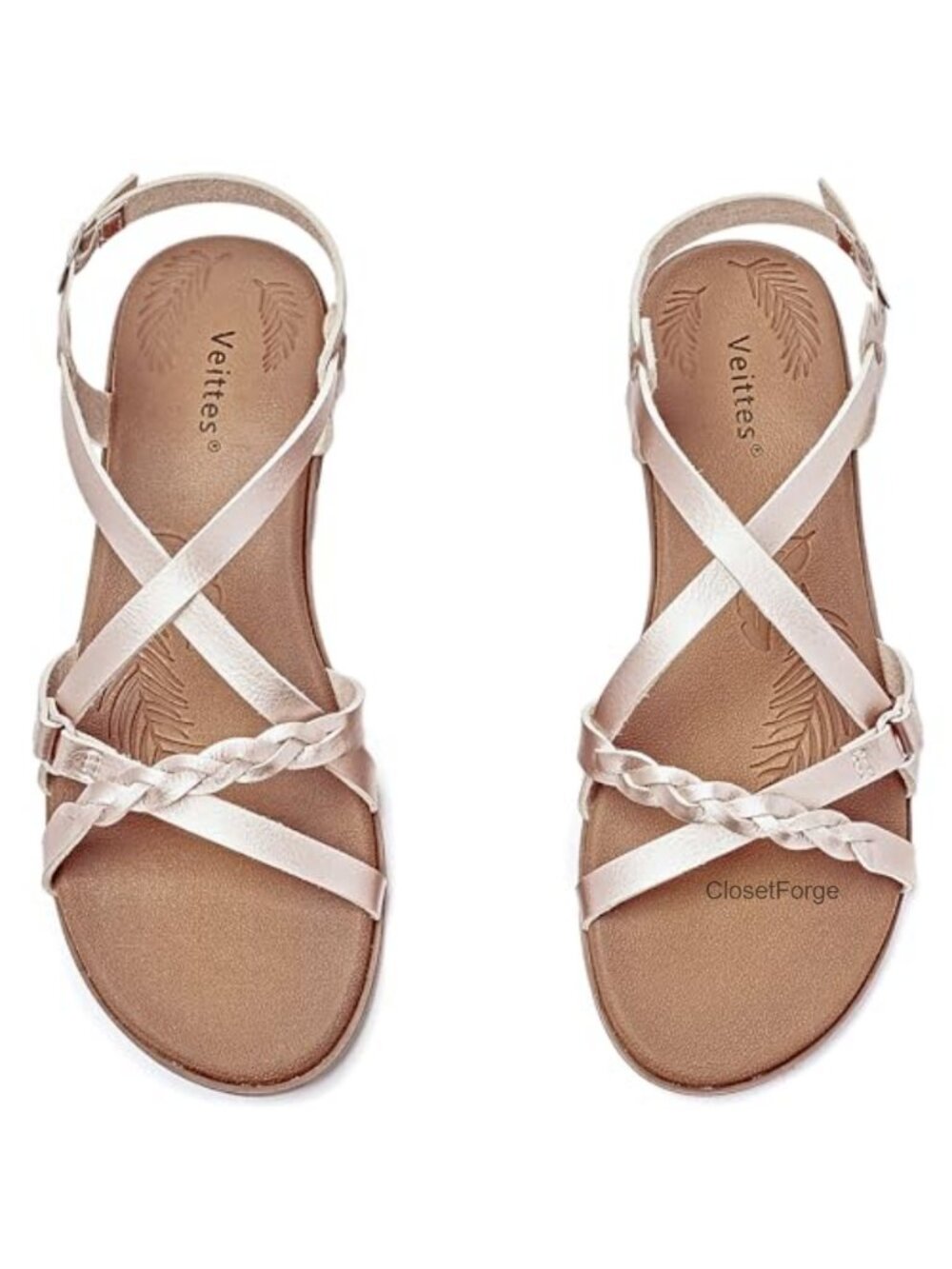 Veittes Women's Strappy Flat Slide Sandals Faux Leather Ankle Strap